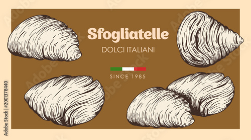 Traditional italian sweets Sfogliatelle set. Hand drawn sketch style. Puff pastry with cream inside. Best for menu and package design. Vector illustrations.