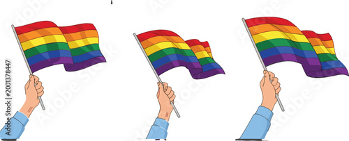Hand holding rainbow pride flag set waving LGBTQ symbol for equality diversity and inclusion celebration vector illustration isolated on white background
