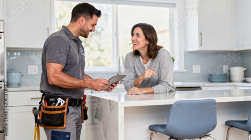 A technician consults a homeowner in a bright kitchen, discussing repairs while using a tablet.