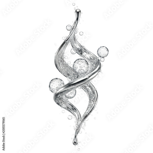 Swirling stream of liquid silver metal intertwined with floating crystalline bubbles in mid-motion on a white background, concept of kinetic energy and vitality