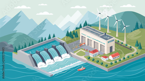 Isometric illustration of a renewable energy power plant with a hydroelectric dam, wind turbines, and solar panels in a mountain landscape