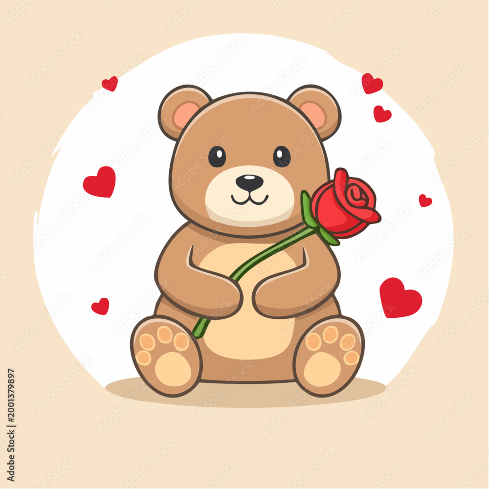 Naklejka premium Cute Teddy Bear Holding a Red Rose with Hearts