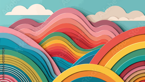 Abstract landscape with colorful rolling hills and clouds in a layered paper cut style, vibrant rainbowcolored topographic terrain illustration