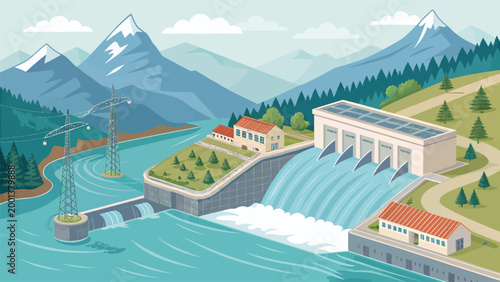 Hydroelectric power plant illustration with dam, power station, transmission lines, and mountains in a natural landscape