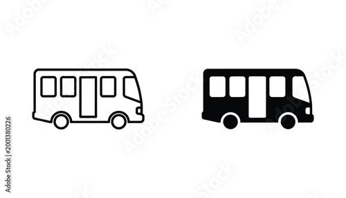 Public transport bus icon set with modern outline and solid black silhouette styles for transit and logistics branding