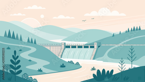 Vector illustration of a dam on a river in a mountainous landscape with trees, clouds, and a sunset sky, flat design style