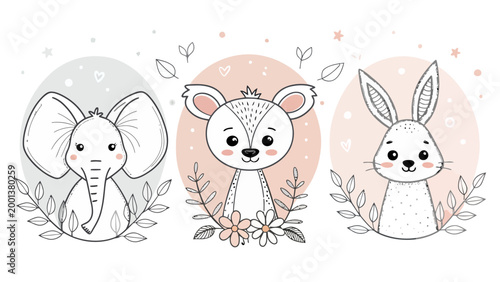 Cute hand drawn baby animals set with elephant, deer and rabbit minimalist nursery wall art illustration for kids room decor, posters and prints