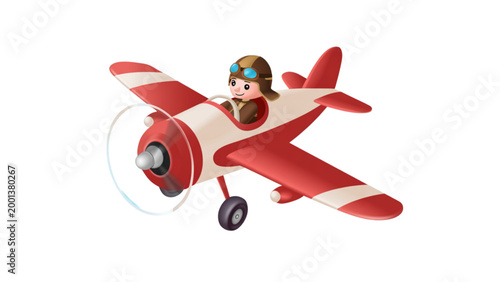 Red vintage biplane flying in clear sky with pilot Vector