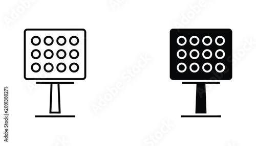 Modern led stadium floodlight panel vector icon set with outline and solid glyph styles for sports facility lighting design