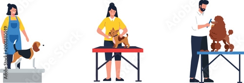 Professional pet grooming service concept with groomers washing brushing and trimming dogs on table vector illustration set for animal care business