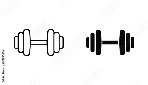 Dumbbell weightlifting icon set featuring gym fitness equipment in outline and solid black style