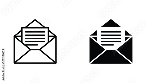 Opened envelope with letter document icon set featuring mail correspondence in line art and silhouette