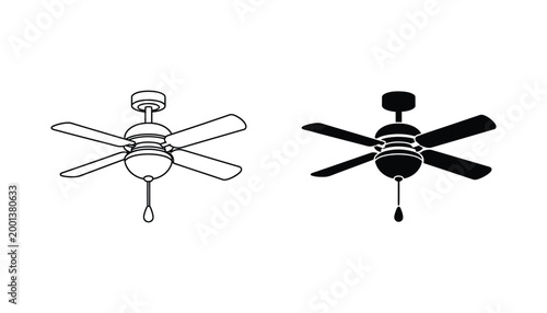 Ceiling fan icon set with light fixture in outline and solid black vector styles for interior design