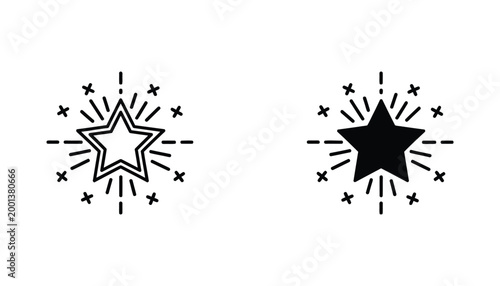 Star icon set with radiating sparkle lines in outline and solid black vector styles for achievements