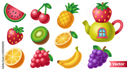 Colorful cartoon fruit icons set with strawberries, pineapple, grapes, and bananas Vector