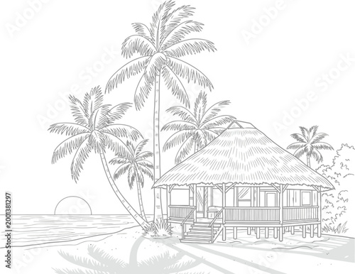 Tropical bungalow house illustration featuring traditional thatched roof architecture situated on a sandy coastline with tall palm trees under a bright and relaxing summer sun scene
