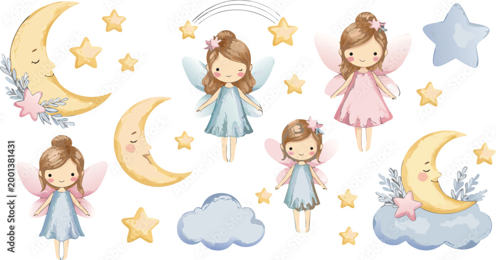Naklejka premium Whimsical fairy girls with crescent moons and stars in pastel colors for kids or nursery designs