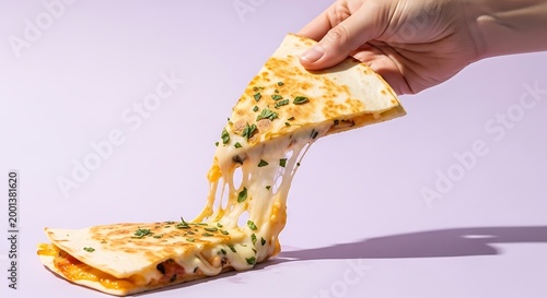 hand holding a slice of quesadilla with melted cheese and herbs