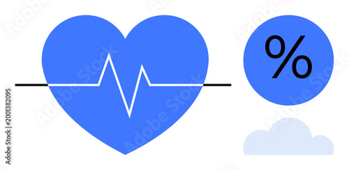 Health monitoring, data analysis, weather forecasting, medical statistics, cardiology trends, cloud storage. Blue heart with ECG line, percentage symbol and cloud icon. Health monitoring and data