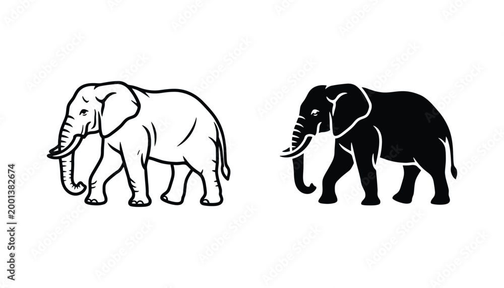 Fototapeta premium Stylized elephant silhouette showing side profile in clean vector line art and solid black fill variations