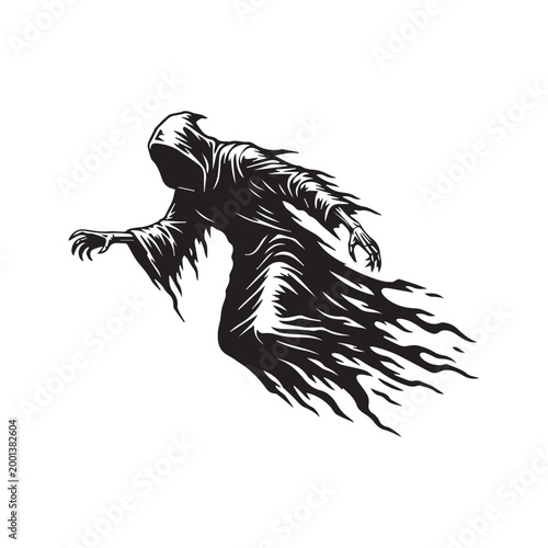 Spooky black ghost silhouette vector illustration, scary hooded grim reaper figure for Halloween horror design
