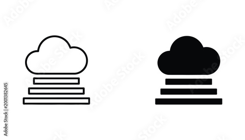 Cloud with steps icon set representing cloud computing or data storage in linear and solid black styles