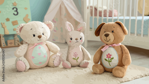 Three cute plush toys, a white teddy bear, a bunny, and a brown bear, sitting on a soft rug in a nursery with a teepee and crib in the background