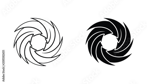 Spiral vortex icon set in outline and solid black style for abstract motion and energy design