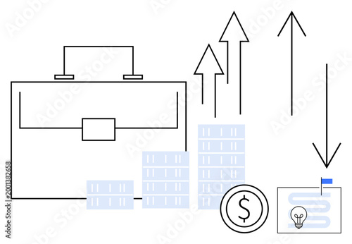 Business growth concept. Business through briefcase, financial symbols, and growth arrows. Business strategy linking profitability and innovation. Ideal for finance, leadership, startups, goal