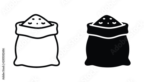 Full burlap sack of grain or flour icon set in line art and solid black variations for agricultural design