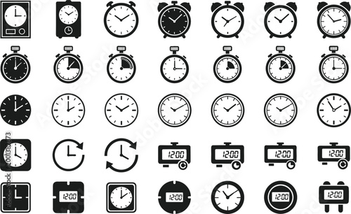 Clock and time icons collection including alarm clocks, stopwatches and timers, monochrome flat vector set for time management, scheduling, deadlines, and productivity design