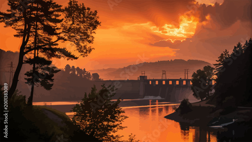 Scenic landscape featuring a hydroelectric dam on a river at sunset with dramatic orange sky and silhouettes of trees in the foreground