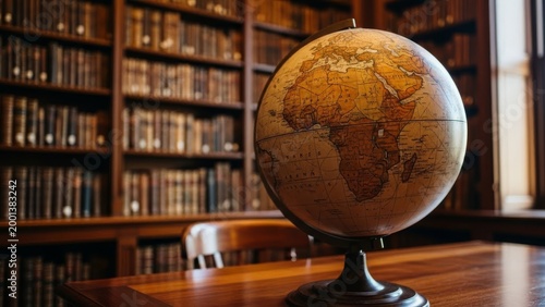 Vintage globe on wooden table, library background. Close up of globe in study.