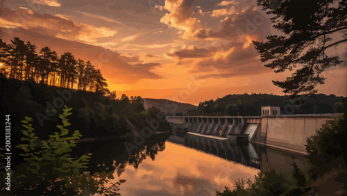 Scenic view of a hydroelectric dam on a river during a vibrant sunset with orange clouds and silhouettes of pine trees on the hills