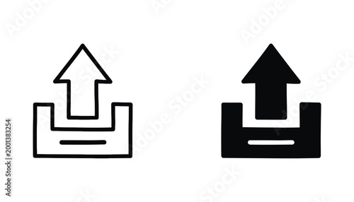 File upload icon with upward arrow and tray for digital cloud storage and data transfer interface design in line art and solid black styles on a clean white background isolated for web use