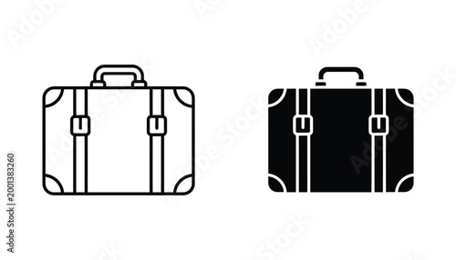 Travel suitcase icons in outline and solid style representing tourism luggage and vacation baggage concepts for travel agency marketing materials