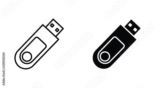 USB flash drive icon for portable data storage and digital hardware in line art and solid black silhouette styles isolated on a clean white background for tech industry branding and web graphics
