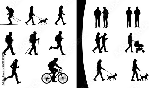 Active people silhouettes set featuring hiking running cycling dog walking and family scenes in side view isolated on white background