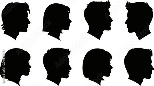 Black silhouette illustrations of eight human head profiles with distinct hairstyles, showing variation in side views, identity, and design