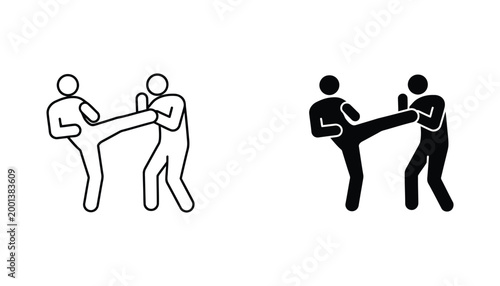 Two stick figures fighting in martial arts combat stance showing side kick move in outline and solid black icon style set