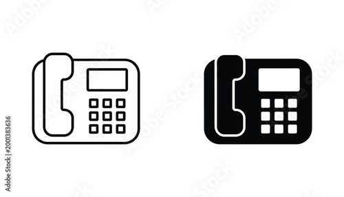 Office landline desk phone communication device icon set in outline and solid black silhouette vector format