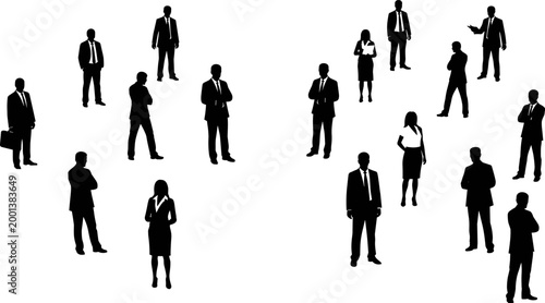 Black silhouette illustrations of multiple professionals in business attire, standing in diverse poses, symbolizing corporate communication, networking, and workplace diversity