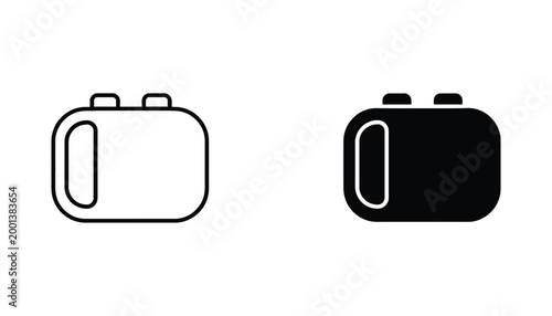 Portable lunch box or storage container icon set with handle and latches in outline and solid black vector style