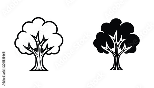 Deciduous tree with thick branches and foliage icon set in outline and solid black graphic design style