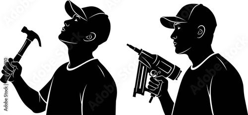 Black silhouette illustrations of two workers holding tools, contrasting manual hammer use with modern nail gun, symbolizing construction evolution