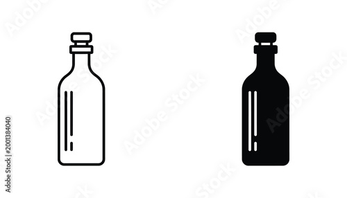 Glass bottle with cork stopper icon set featuring solid black and outline vector illustrations