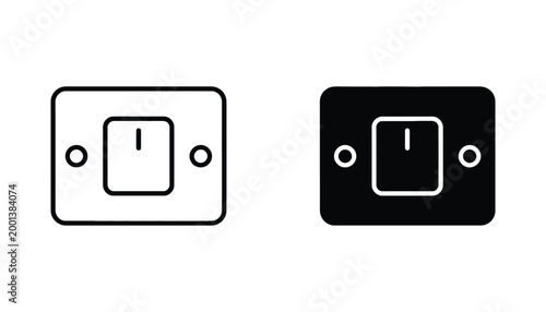 Minimalist light switch icon set featuring outline and solid black styles for electrical control and home automation interface design elements isolated on white background