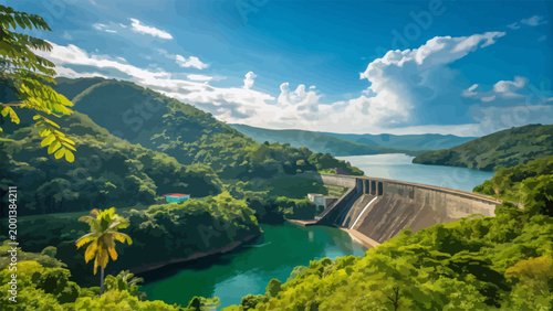 Scenic view of a large concrete dam surrounded by lush green mountains and a tropical forest with a clear blue sky and fluffy white clouds