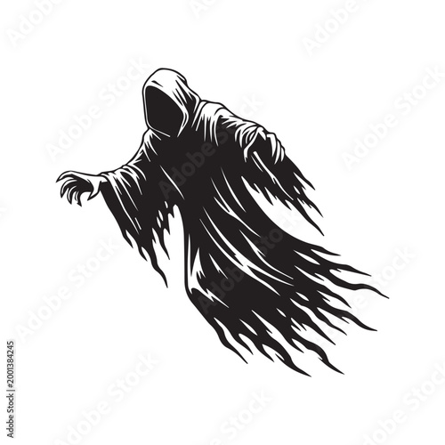 Spooky black ghost silhouette vector illustration, scary hooded grim reaper figure for Halloween horror design
