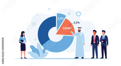 Group of diverse business people discussing zakat distribution using a large pie chart showing a two point five percent share.